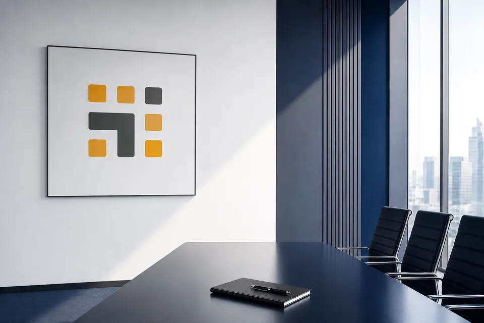 A boardroom with an abstract logo on the wall and a city skyline view through the window