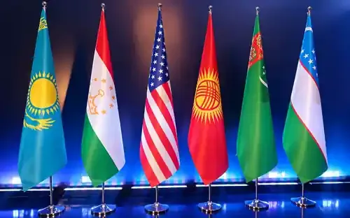 Flags of Kazakhstan, Tajikistan, the United States, Kyrgyzstan, Turkmenistan and Uzbekistan